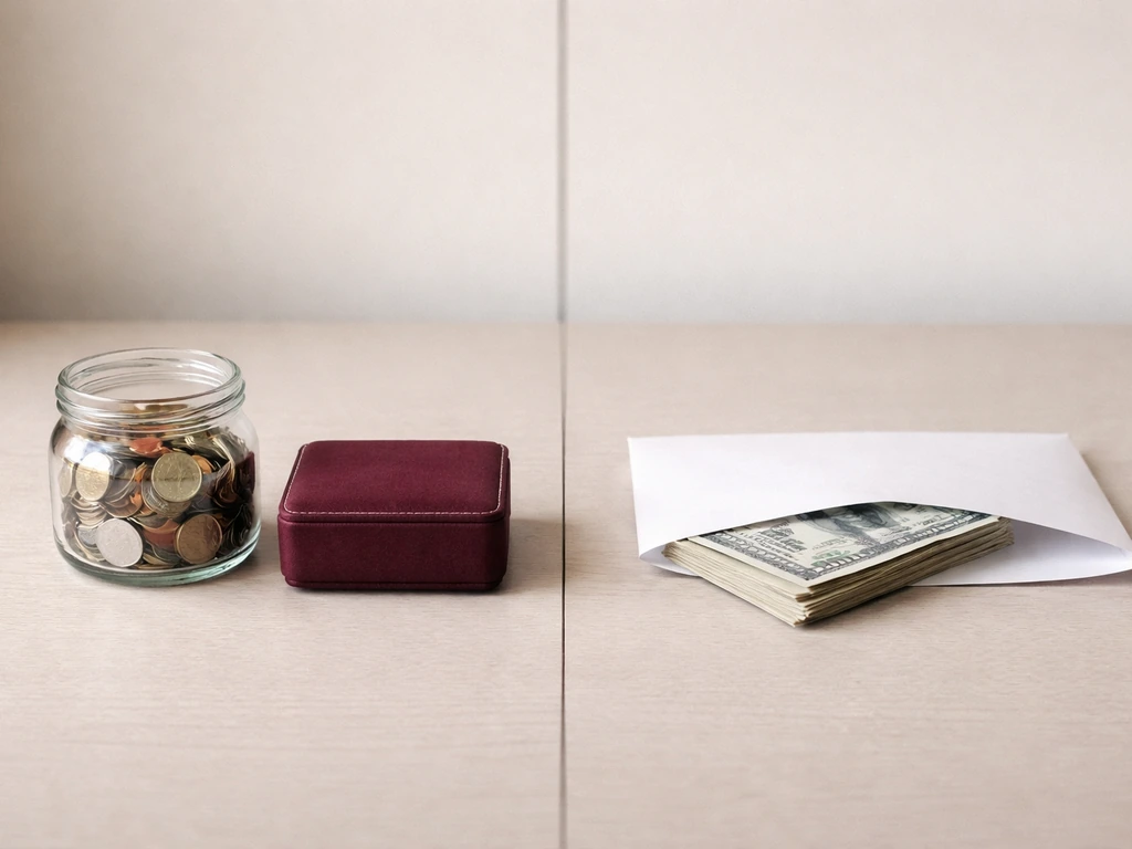 Minimal desk photo showing coins and assets on one side, cash envelope on the other.