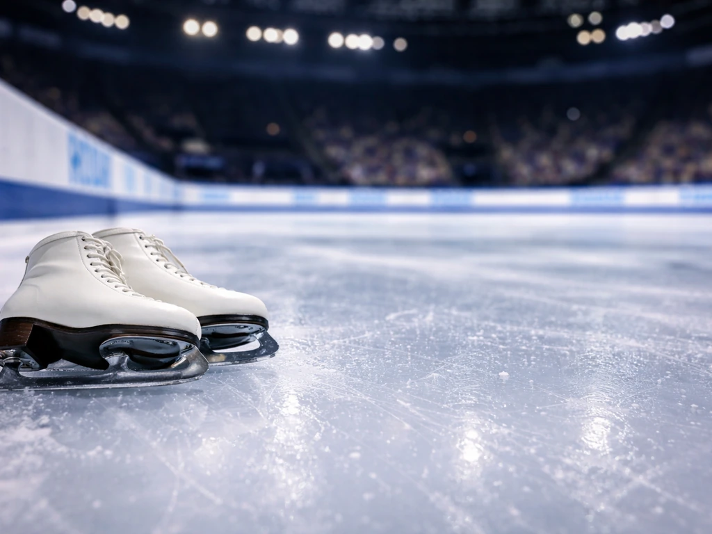 Close-up of ice dance skates on an indoor rink with blurred event signage behind