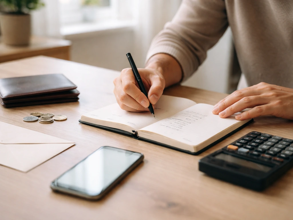 Minimal photo of an open notebook and calculator beside a smartphone showing an income-planning vibe