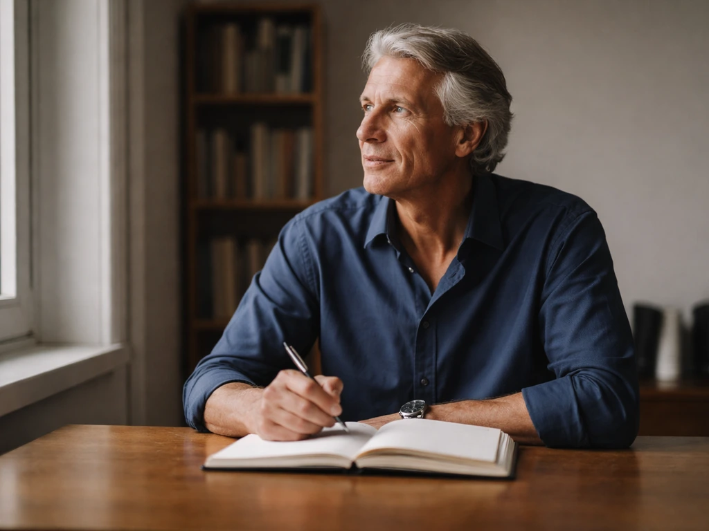Man writing at a desk in a quiet office, softly lit by a window, minimal background.