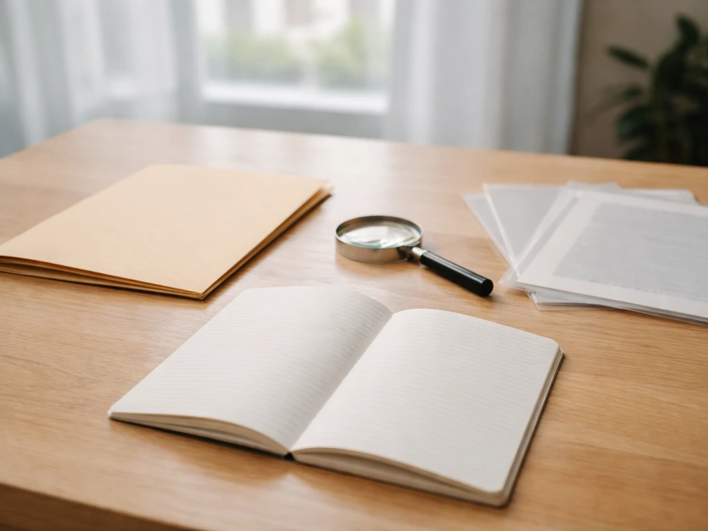 Desk scene with open notebook, magnifying glass, and folder representing public financial record checks.