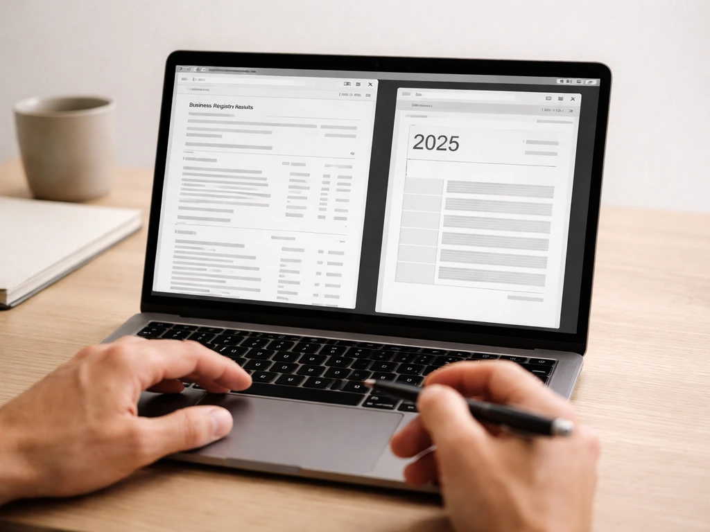 Person reviewing a generic business registry page and a financial PDF on a laptop at a desk.