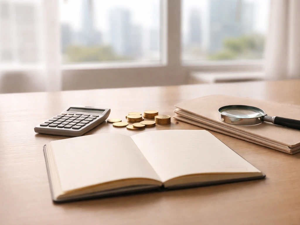 Minimal desk scene with a notebook, calculator, and scattered coins symbolizing net worth estimation