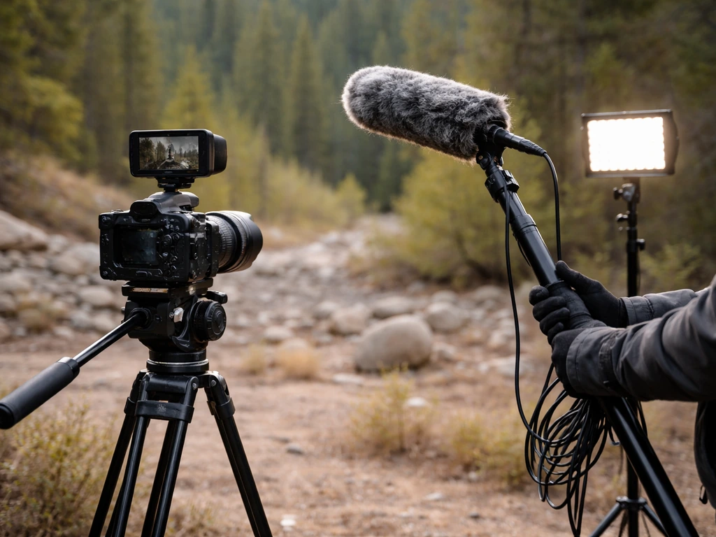 On-location reality TV camera and crew setup outdoors, with tripod camera and a small LED light.