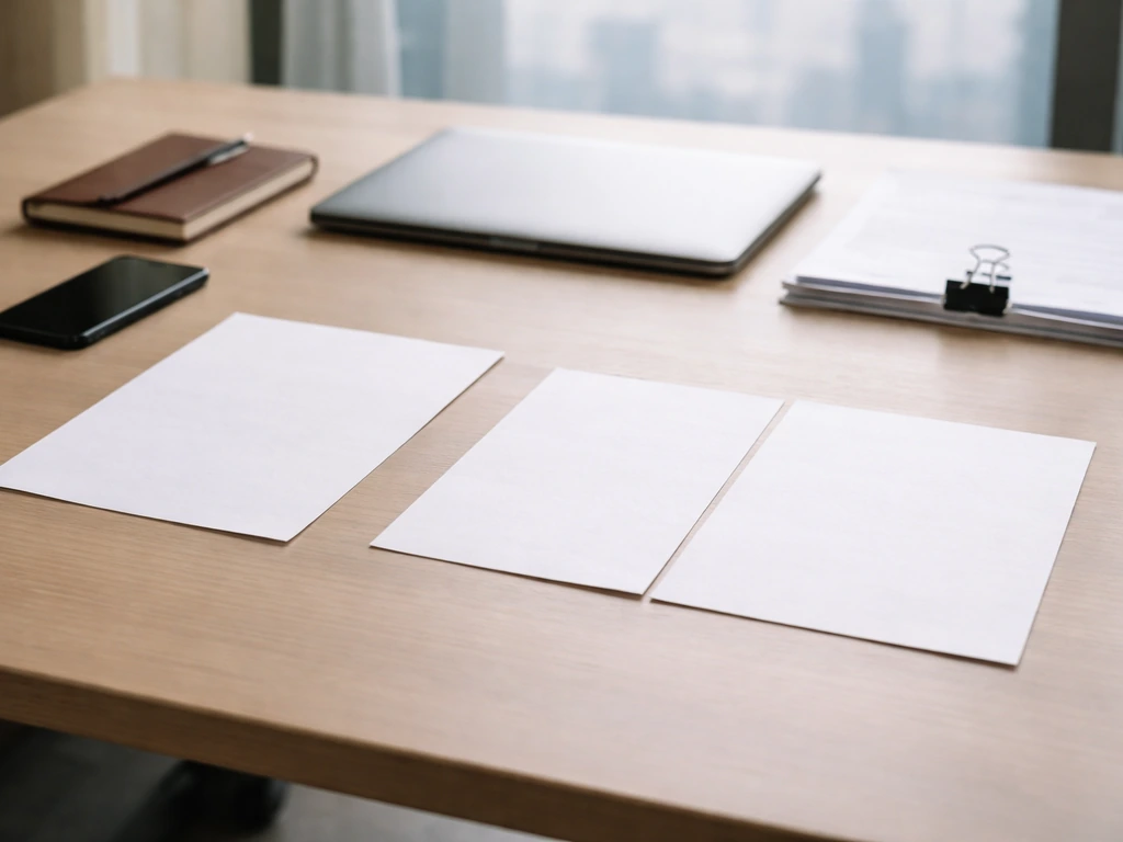 Minimal office desk scene with blank papers and a pen suggesting a net-worth calculation workflow.