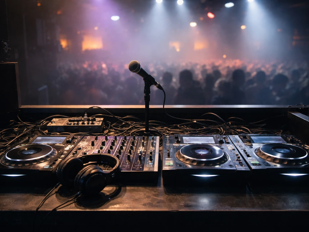 DJ booth with turntables and microphone in a concert venue, suggesting an electronic duo performance without people.