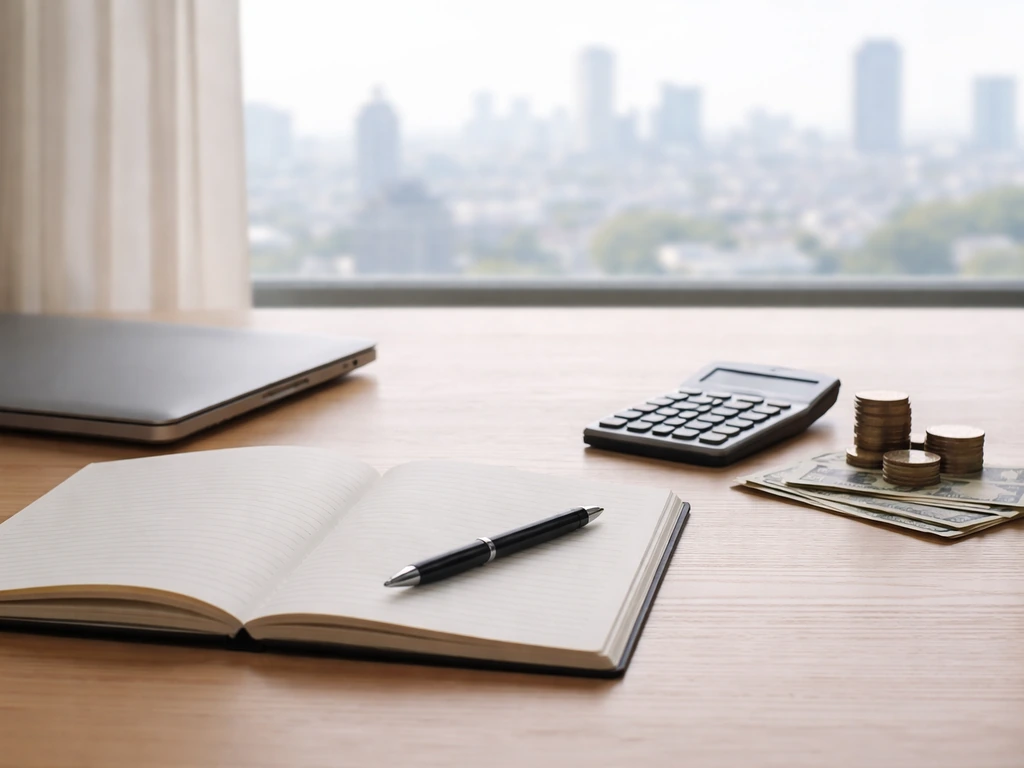 Minimal desk scene symbolizing net worth: papers, pen, and a closed laptop beside cash and a calculator