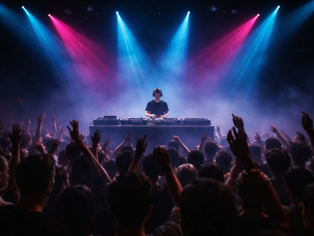 Electronic music duo performing on stage with colorful lights, DJ booth, and an energetic crowd in front