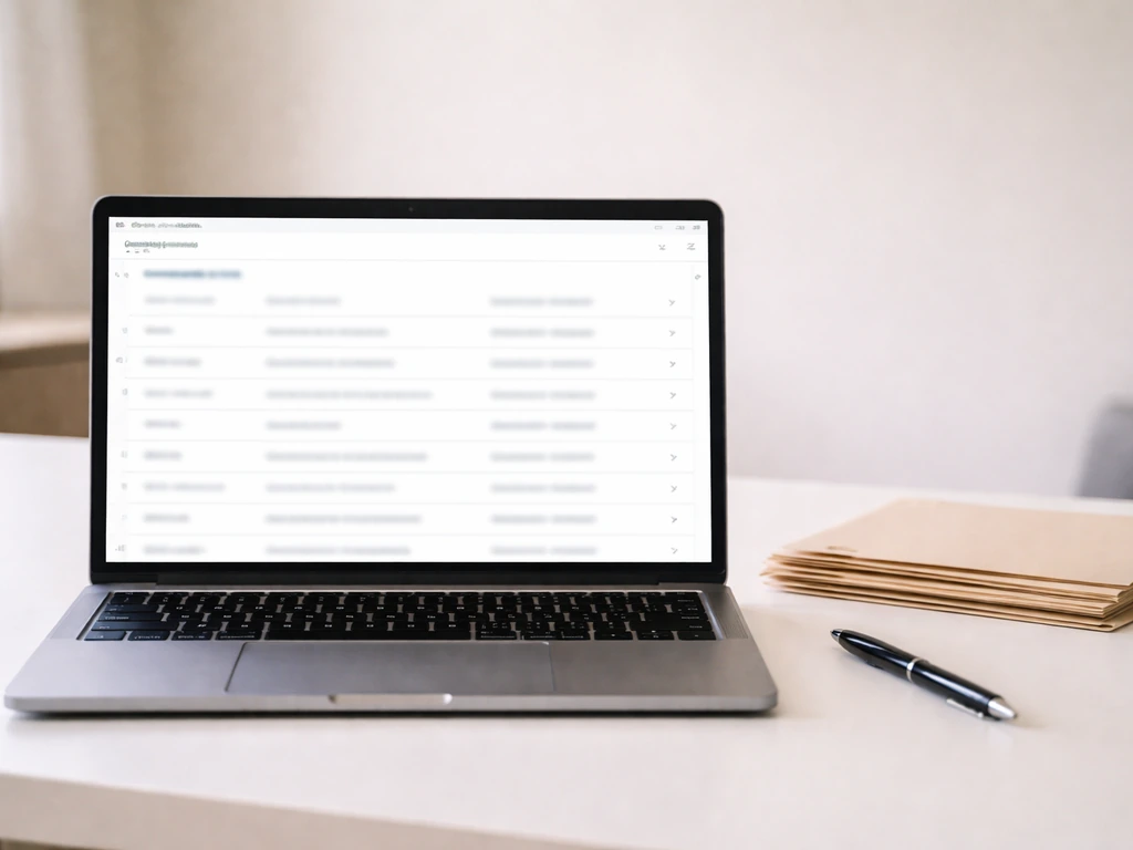 Minimal photo of a laptop showing a blurred company registry page and a pen beside it, symbolizing business ownership da