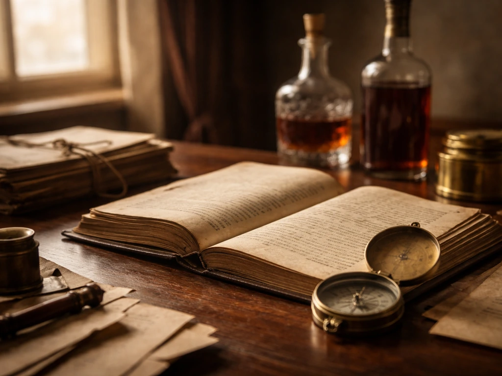 Warm vintage desk scene with rum heritage cues and old ledger books suggesting family wealth