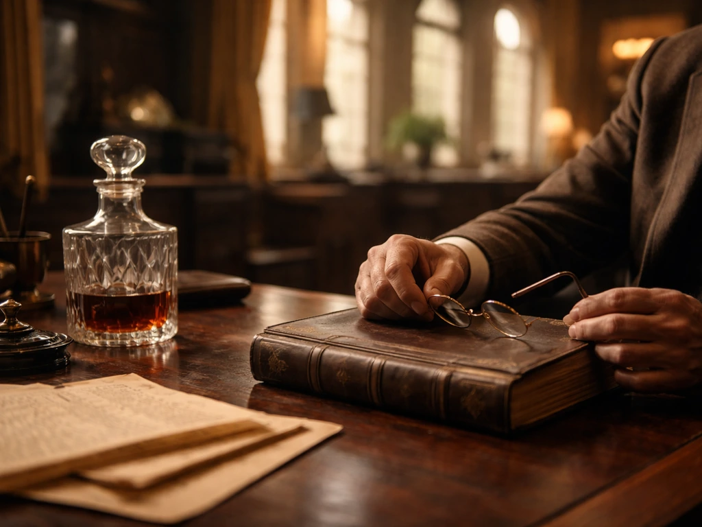 Antique office scene with a leather-bound Bacardi-era book and rum bottle, hinting at family lineage