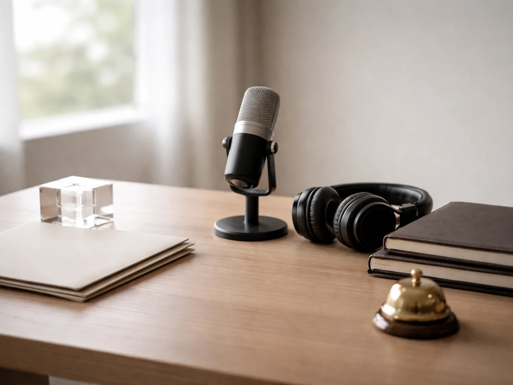 Minimal office desk with microphone, folders, and leather ledgers symbolizing wealth components.
