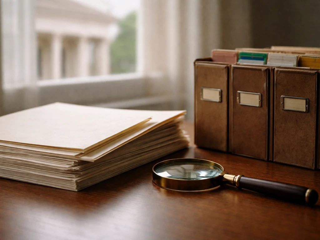 Close-up of legal documents, a magnifying glass, and archive boxes on a desk near a window.