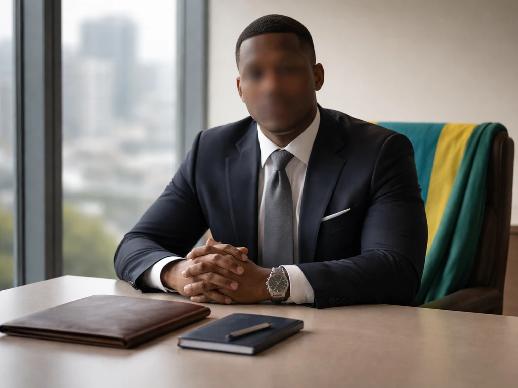 Anonymous banking executive in a quiet office with Gabon flag colors, passport and folder on desk.