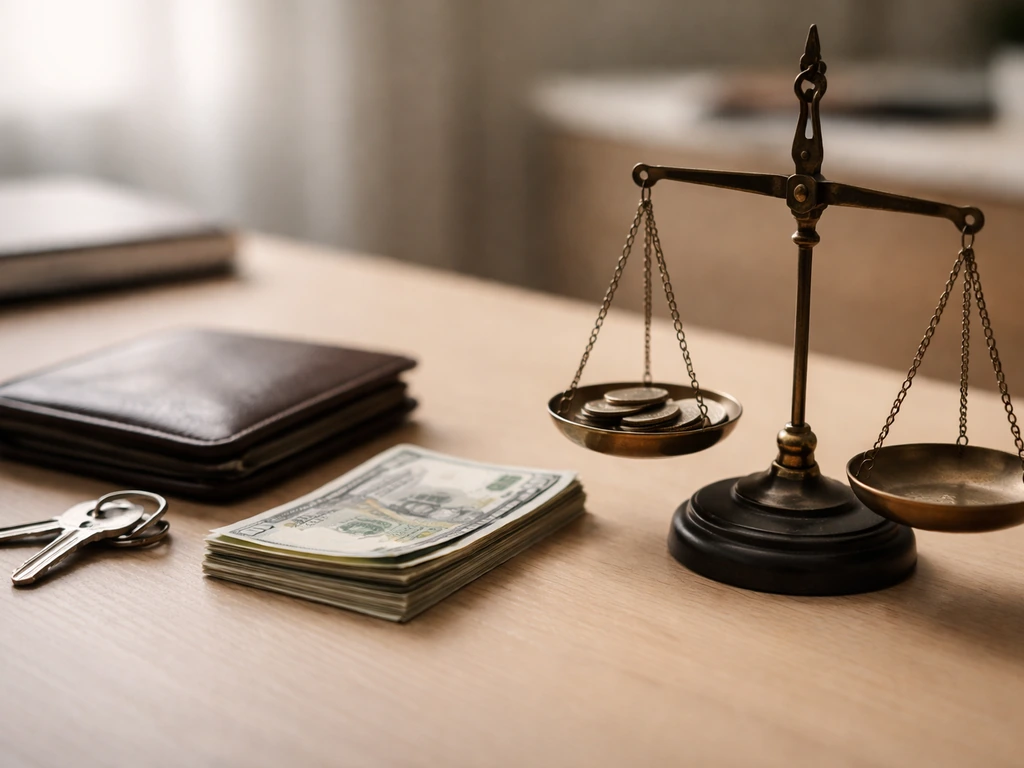 Close-up of a closed leather wallet, keys, and a small stack of bills beside a simple balance scale