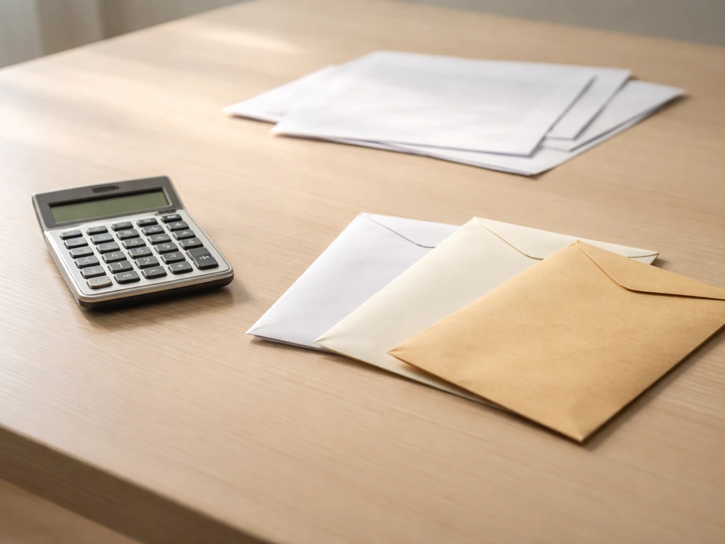 Simple office desk scene with three envelopes and a calculator suggesting differing financial estimates.