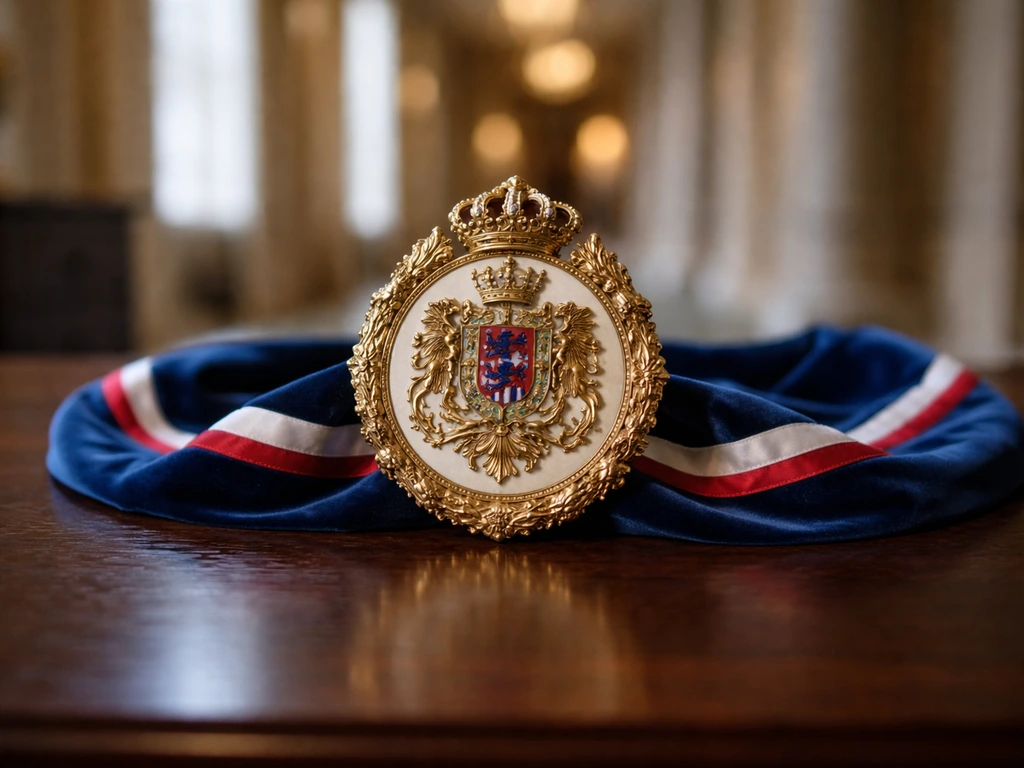 Gold royal crest and velvet ribbon on a desk, softly lit palace corridor in the background.