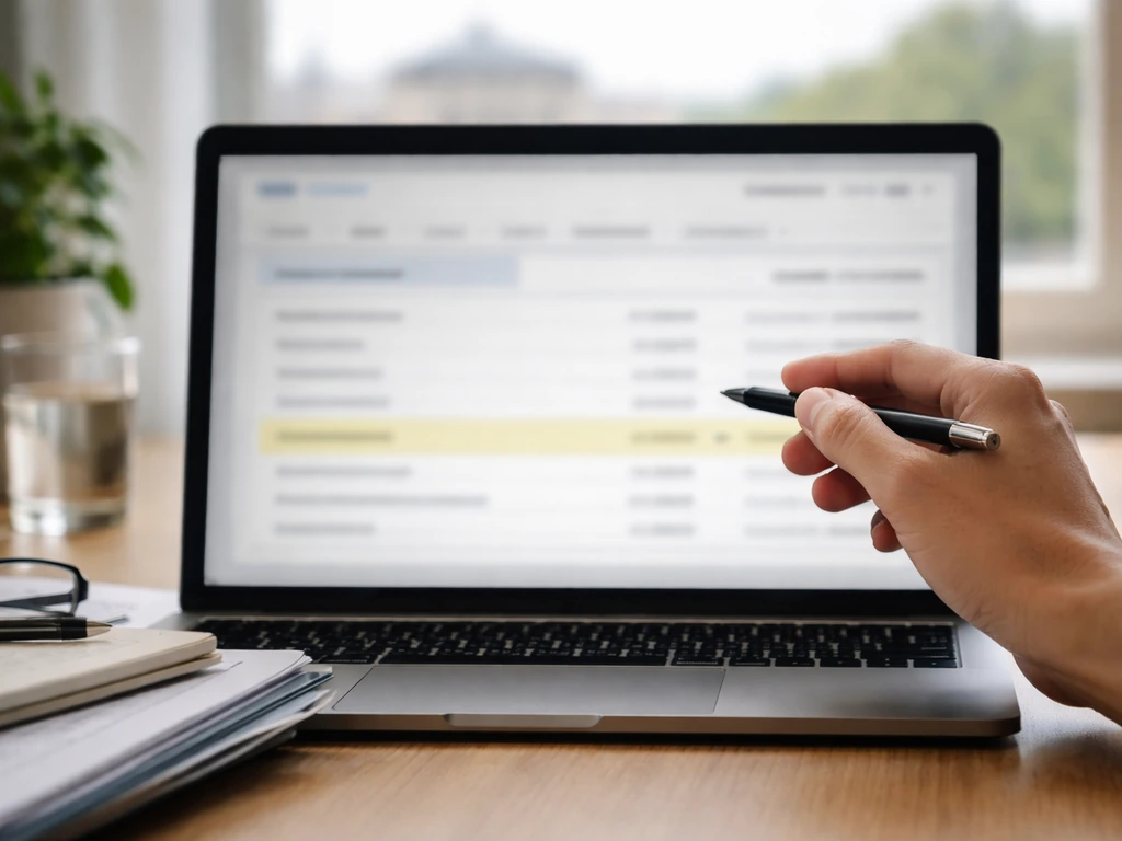 Hand points at a computer showing a generic budget portal line item for state endowment, no readable text.