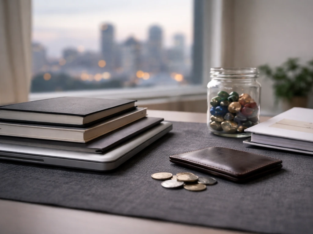 Minimal desk scene with coins, wallet, laptop, and a glass jar symbolizing financial categories.