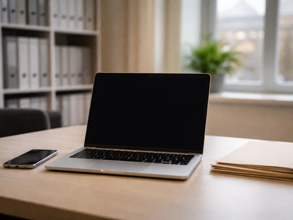 Open laptop and documents on a desk, symbolizing research of public corporate records for estimates.