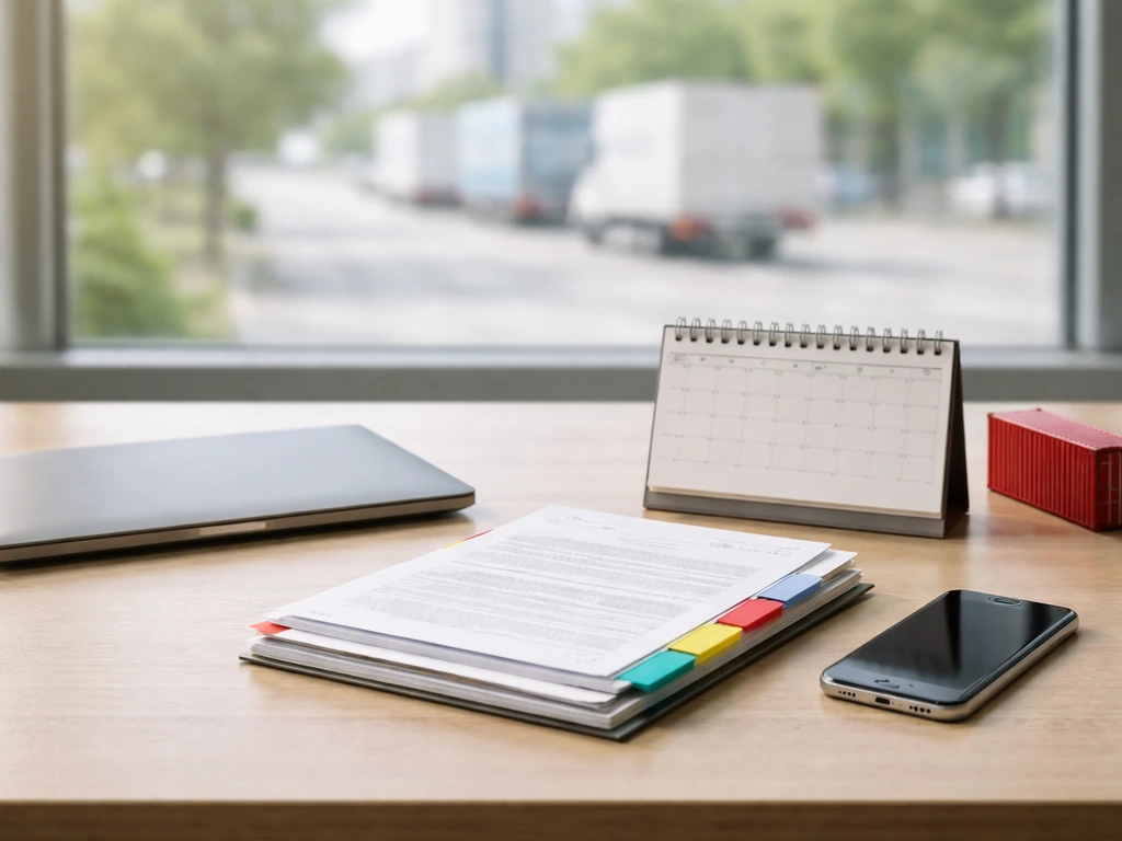 Minimal logistics office desk with laptop, blank calendar, shipping folders, and blurred cargo trucks outside.