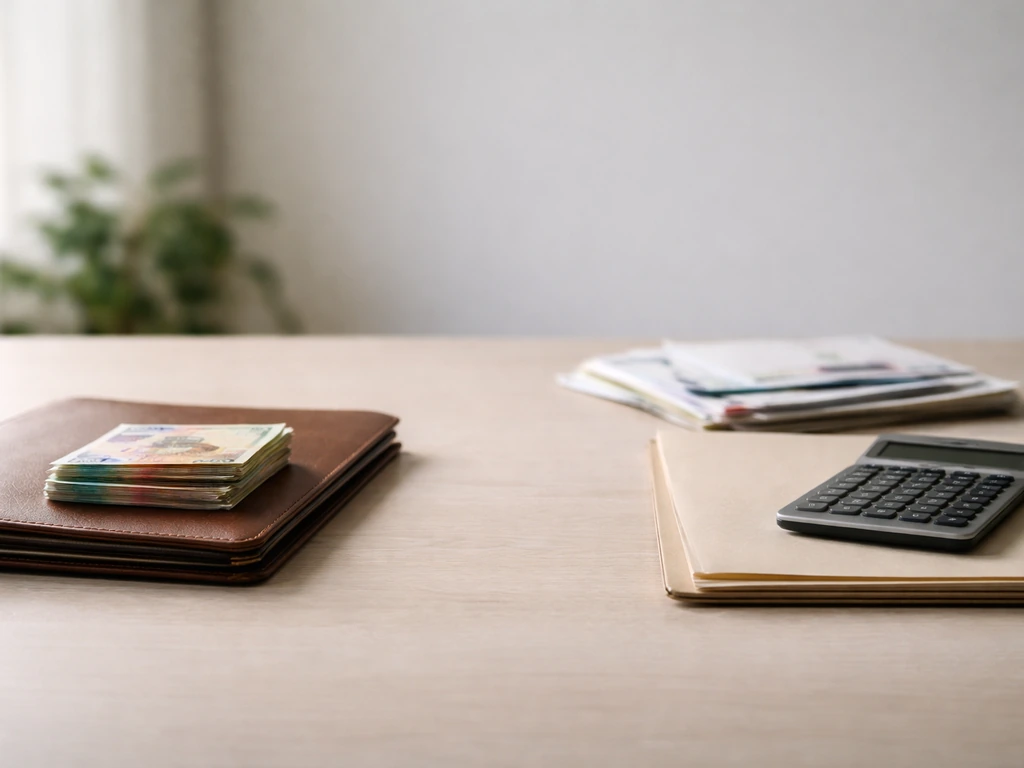 Minimal photo showing small stack of cash and a closed envelope of bills side-by-side to suggest assets vs liabilities.