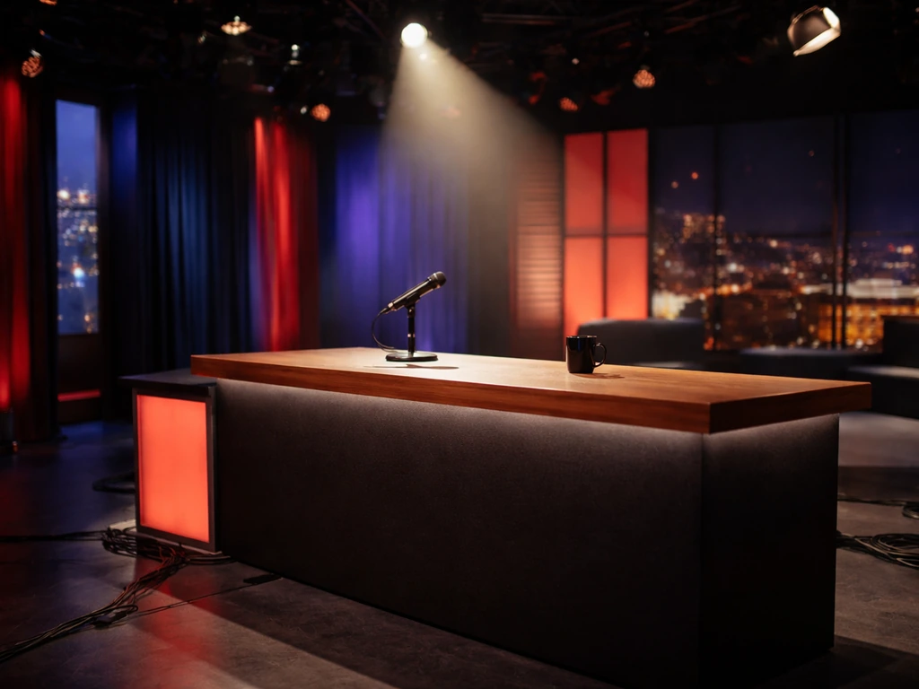 Empty French talk-show TV studio desk with a microphone and blue-red studio lighting.