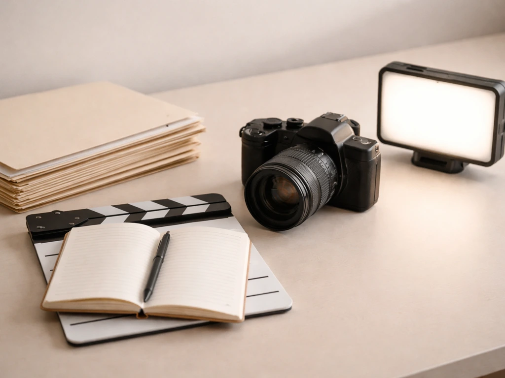 Still life of production documents, camera gear, and a project slate on a desk