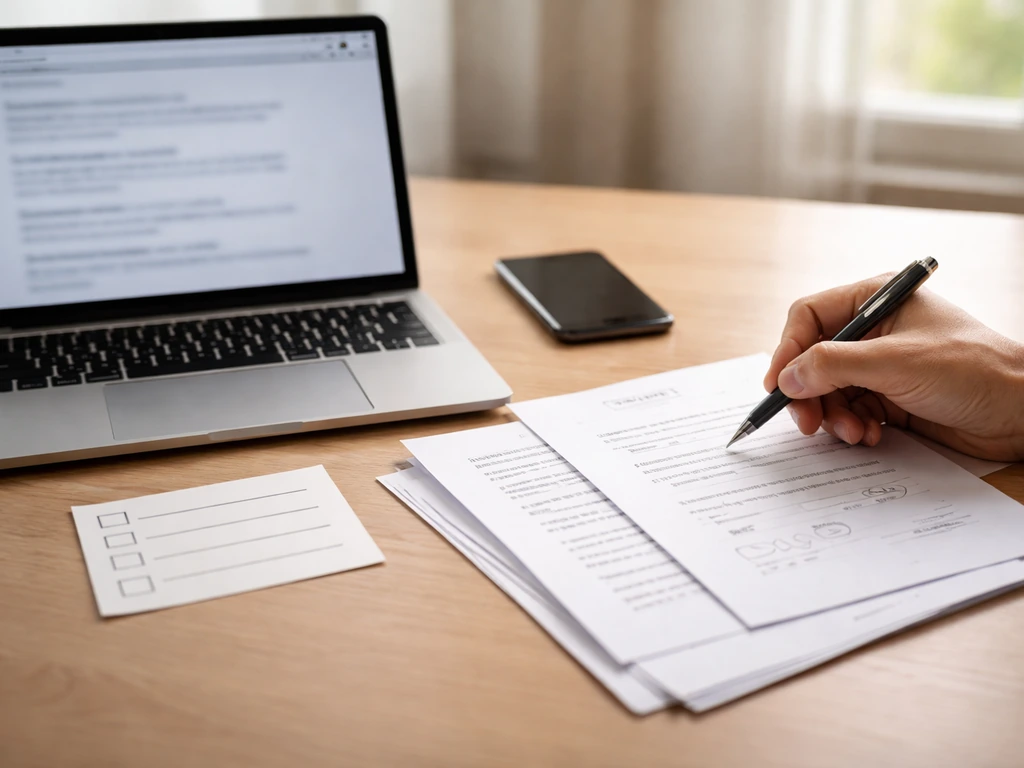 Minimal desk scene with laptop search page, phone, printed sources, and a handwritten verification checklist.