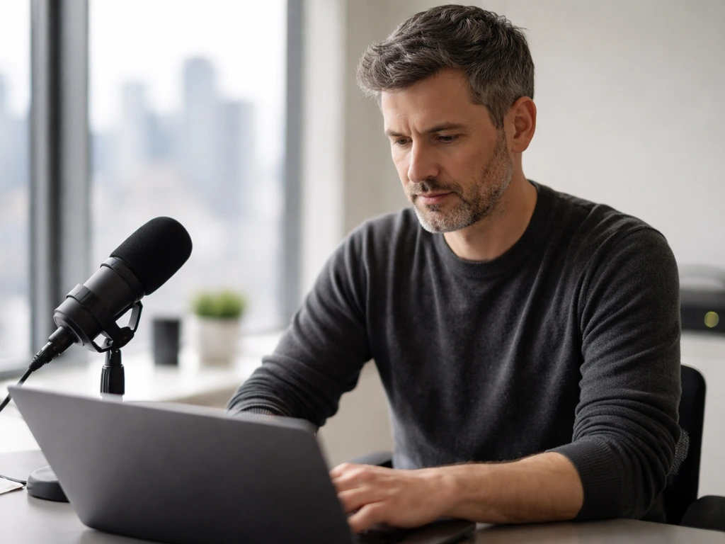 A tech entrepreneur in a minimalist office with blurred city view and subtle electronics, symbolizing wealth and technol