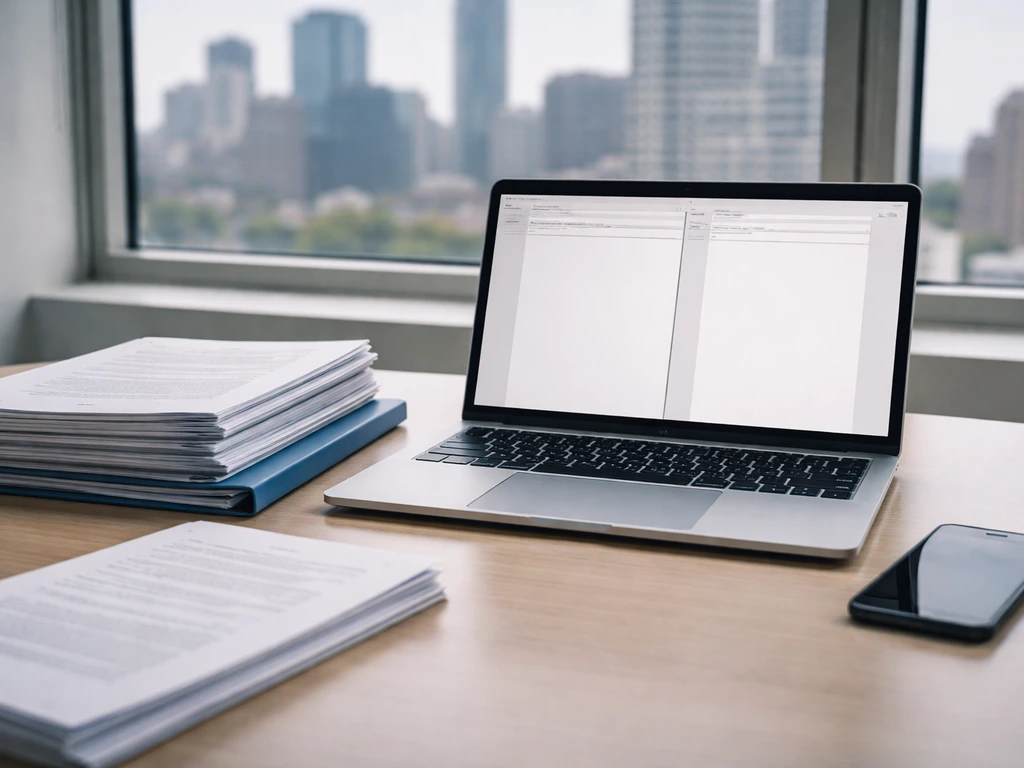 Minimal desk scene with stacked filing documents and an open laptop, suggesting public finance research.