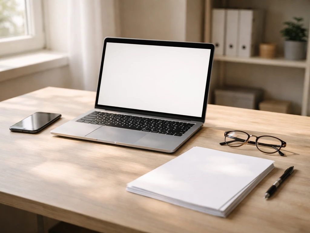 Minimal desk scene with laptop, smartphone, papers, and pen for researching company filings.