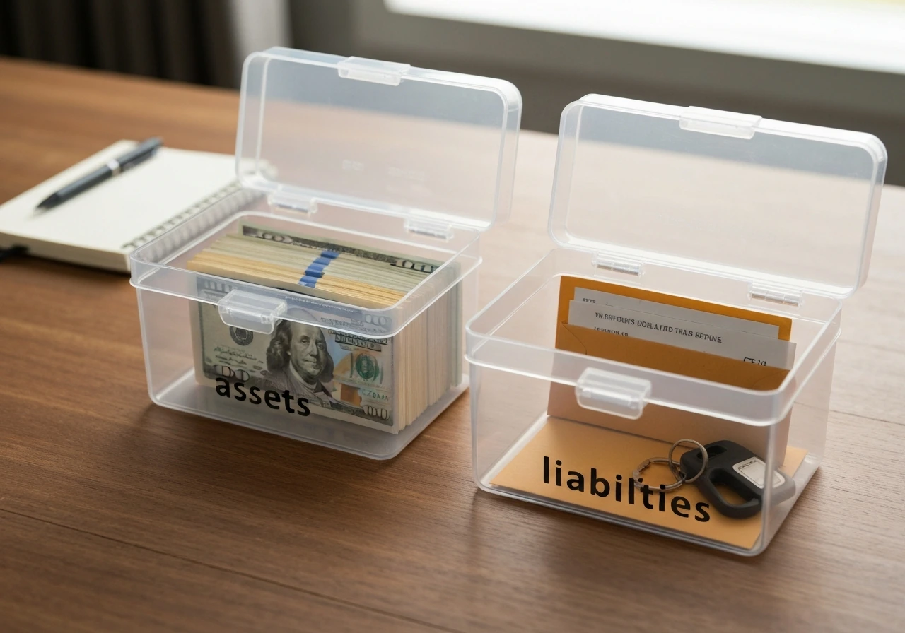Minimal desk scene with two lockboxes holding valuables and bills to symbolise assets minus liabilities.