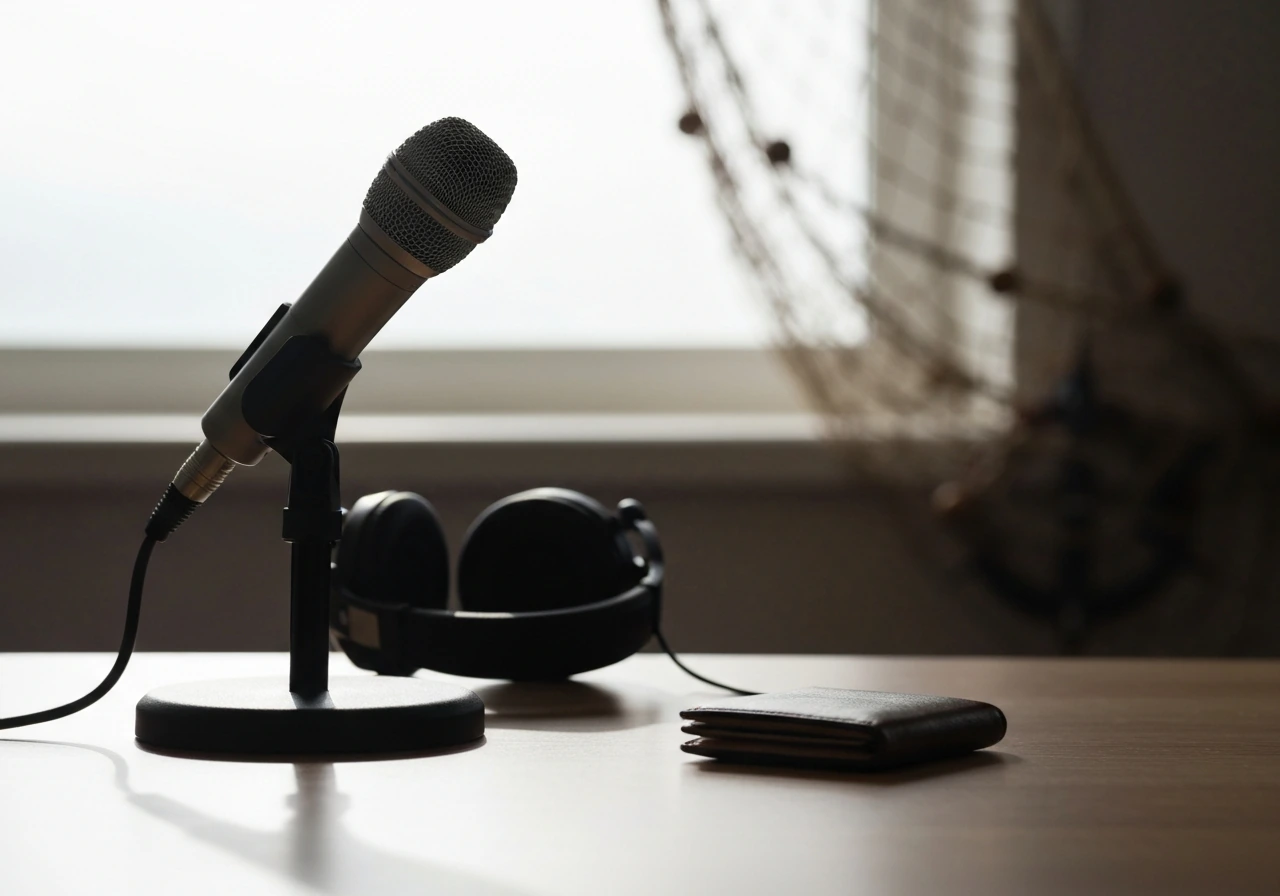 Close-up of fishing-themed media gear and a wallet on a quiet studio desk