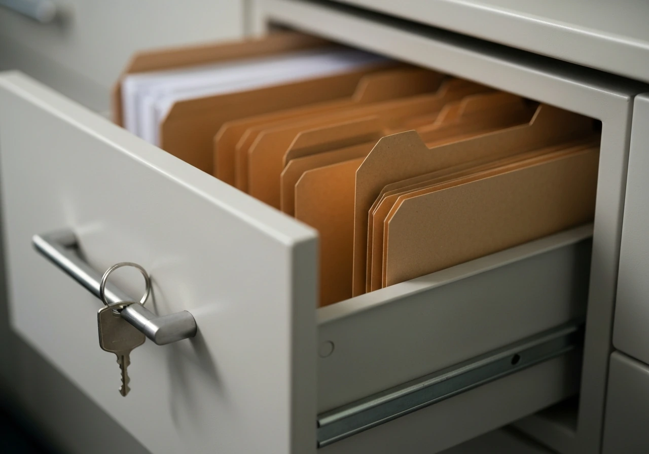 Blurred filing drawer with partially pulled folders, symbolizing missing private records.