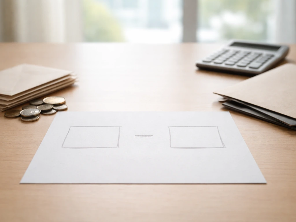 Minimal desk setup with coins and envelopes split from a folder, symbolizing assets minus liabilities.