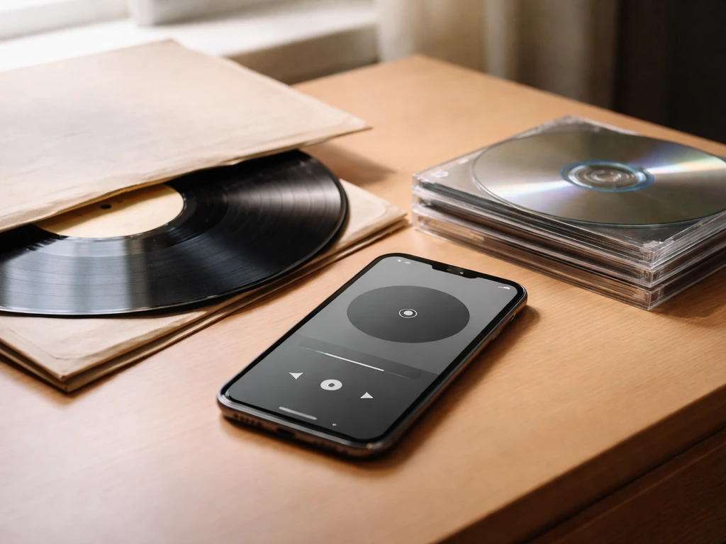 Close-up of a vinyl record and music media on a desk, symbolizing royalty income.