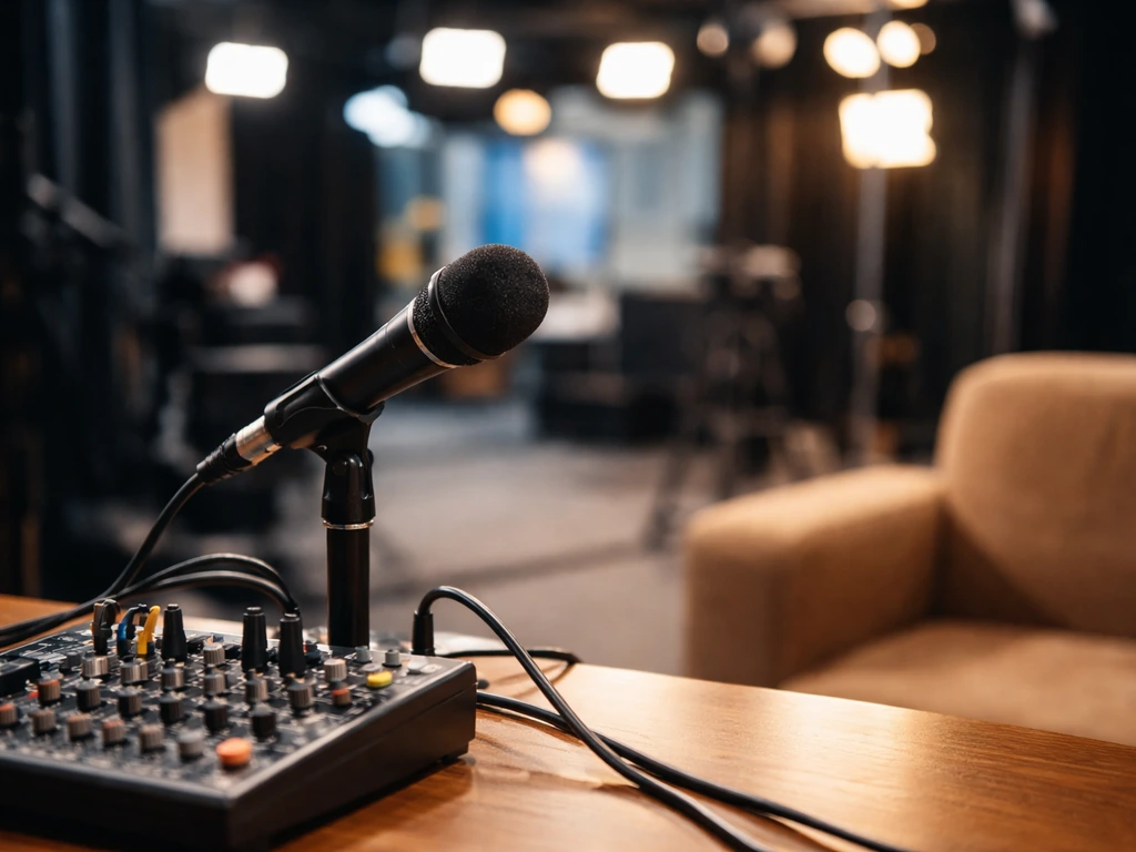 Unoccupied TV studio microphone and console, suggesting a media interview setup and visibility.
