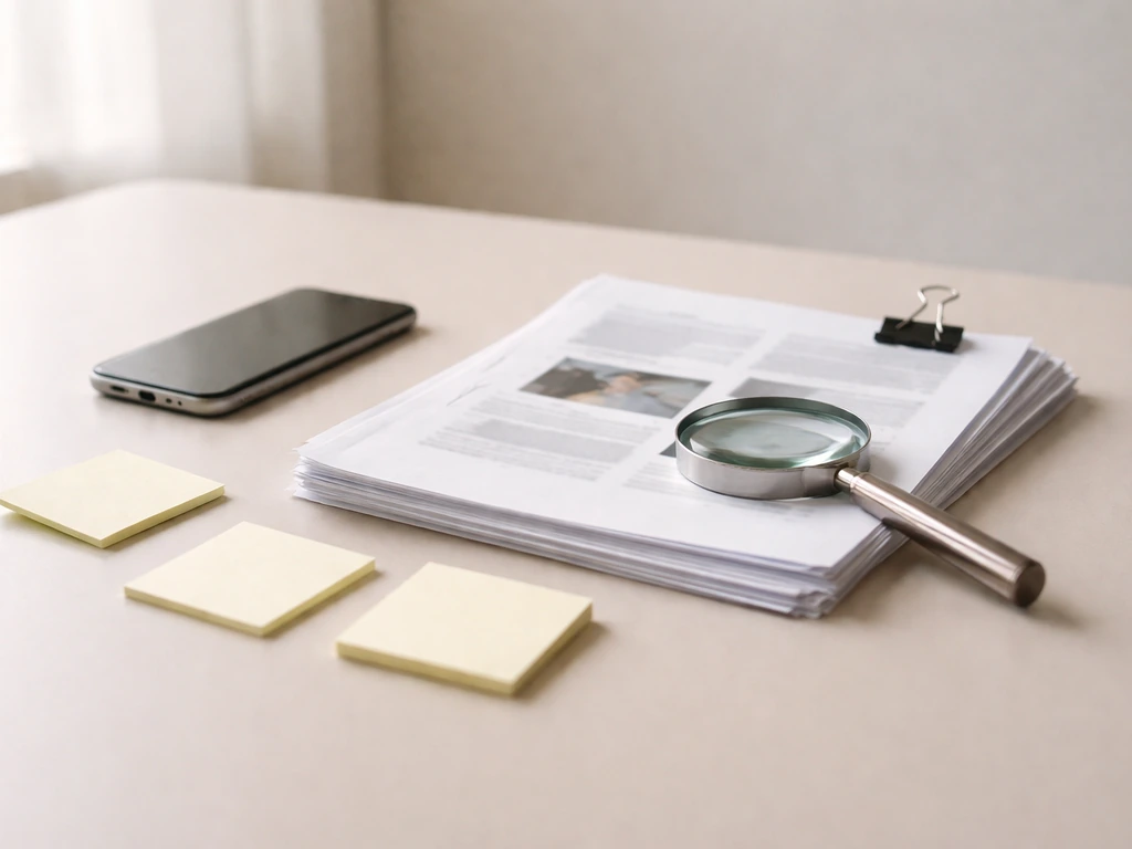 Minimal desk scene with blank papers, magnifying glass, and blank sticky notes for verifying data sources.