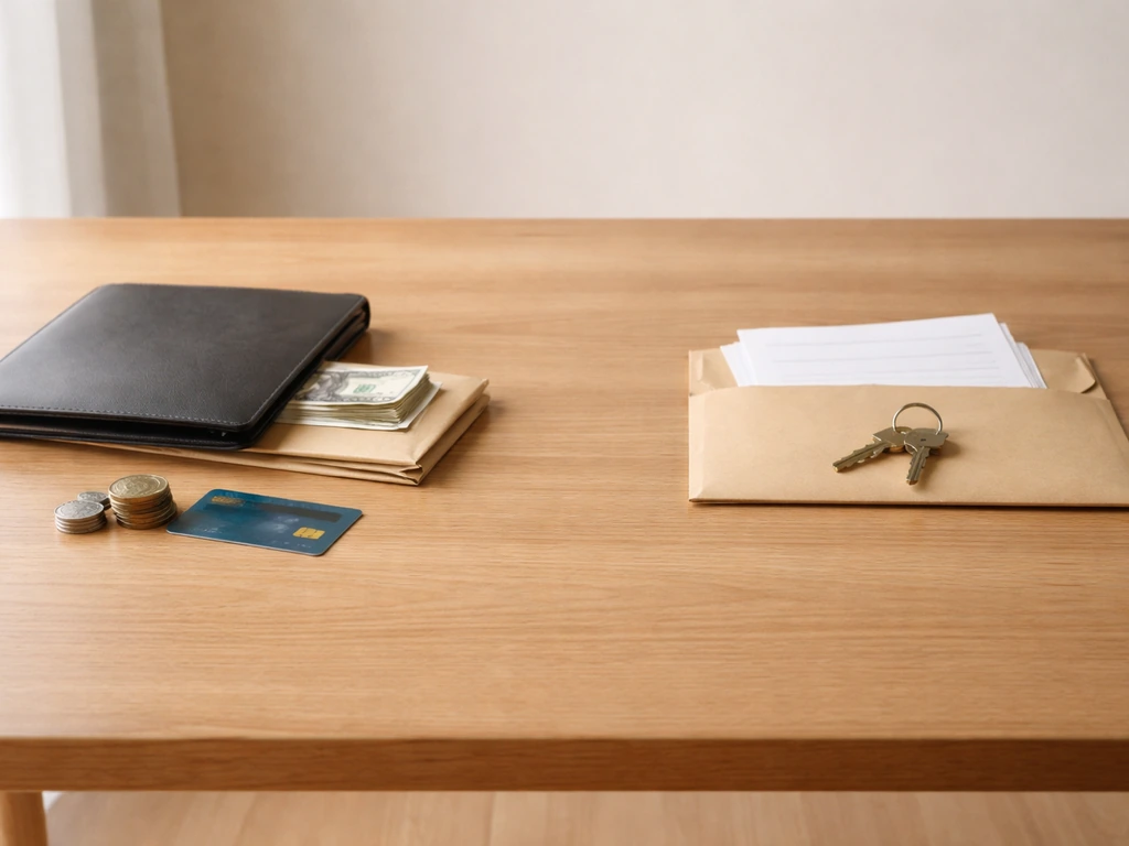 Minimal table scene contrasting cash/investment items with mortgage-like keys and debt papers.