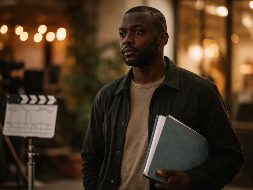Anonymous French actor on a quiet film set holding a script, blurred lights in the background.