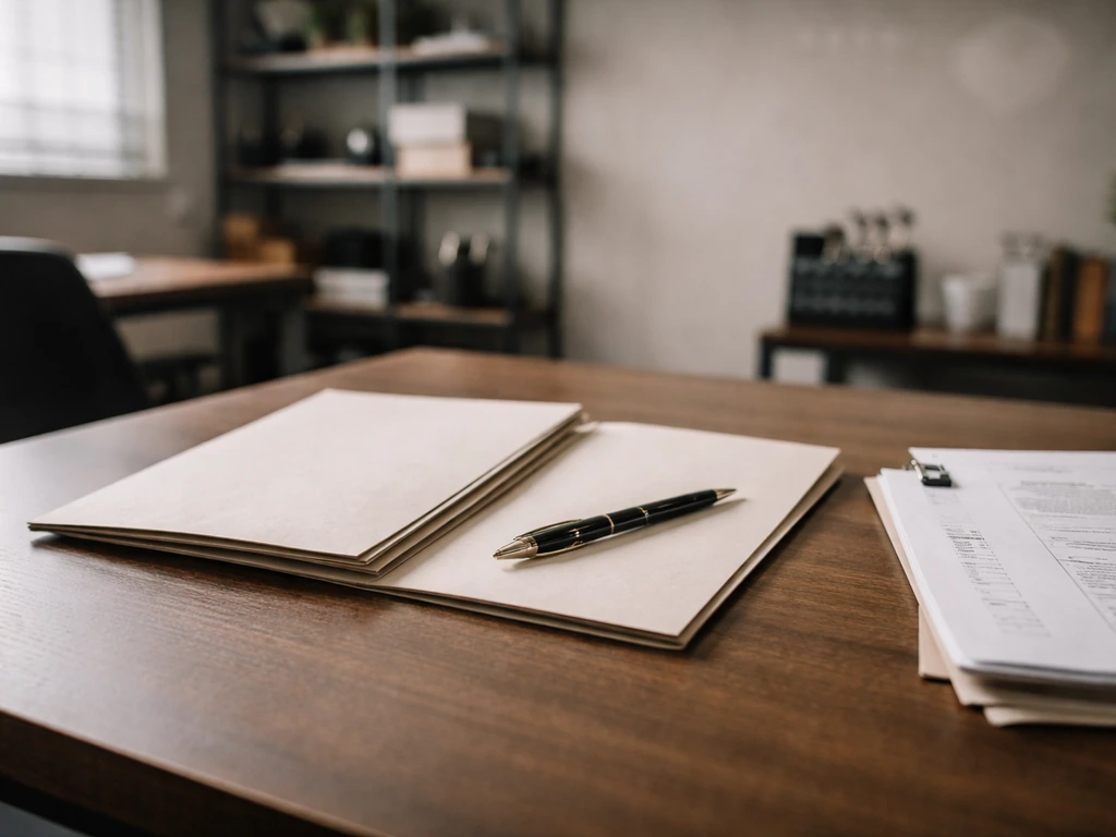 Minimal film production office with contract folders and a desk, symbolizing production-company equity
