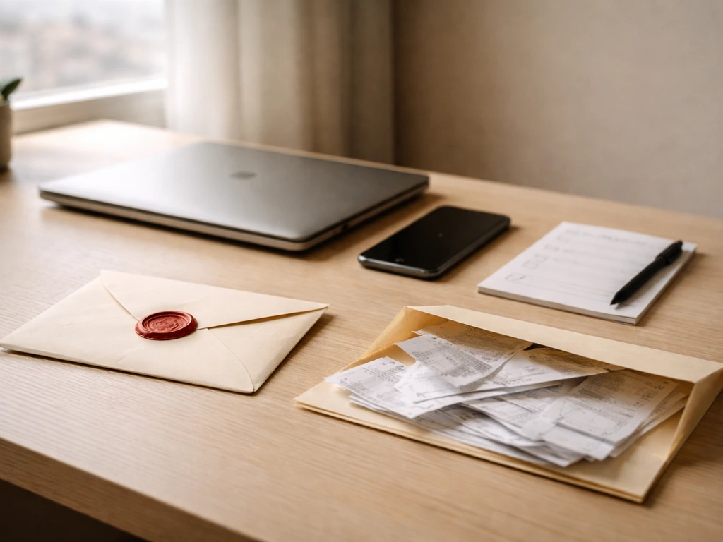 Minimal desk scene with laptop and notepad beside sealed paperwork and open receipts to imply verified vs estimated.