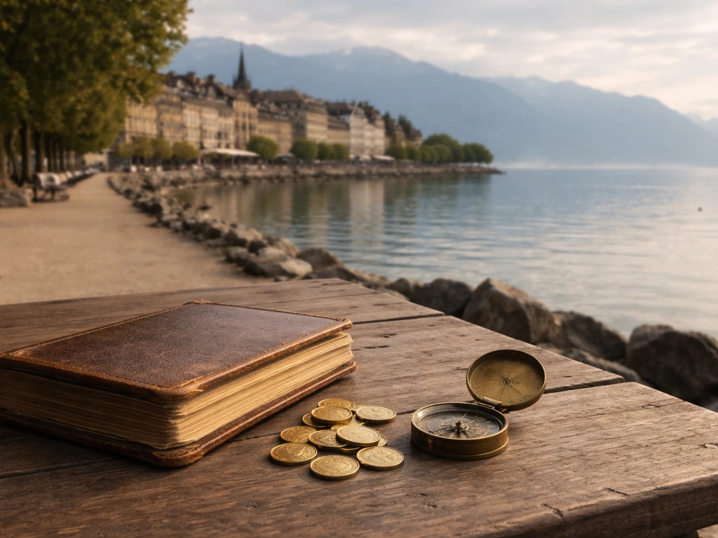 Vintage Vevey street scene by calm lakeside with an old ledger and antique coins suggesting 1800s wealth