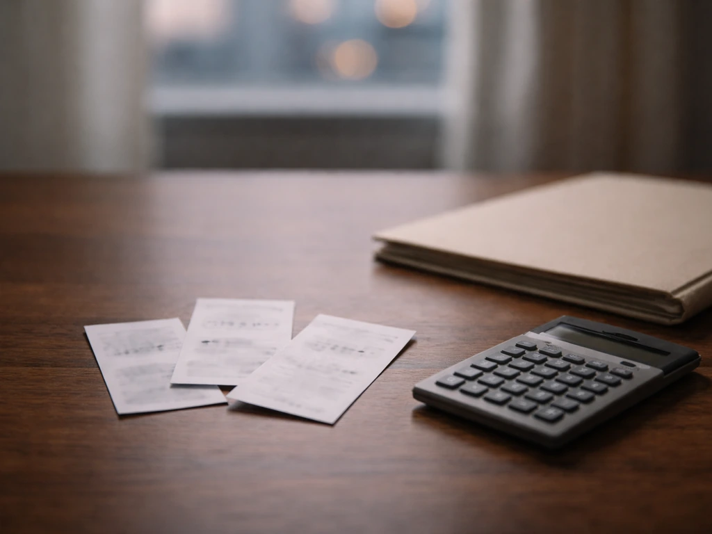 Minimal desk scene with blurred paper slips showing different unreadable money amounts and a calculator.