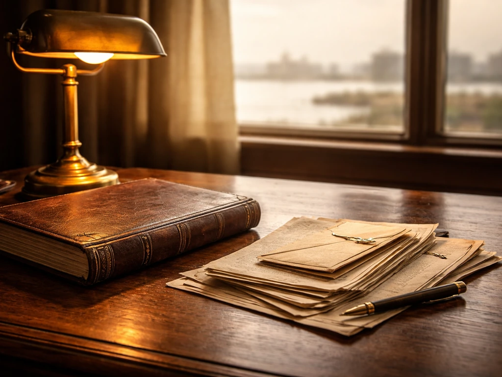 Period-toned desk scene with an antique lamp, ledger, and faded documents suggesting wealth and philanthropy