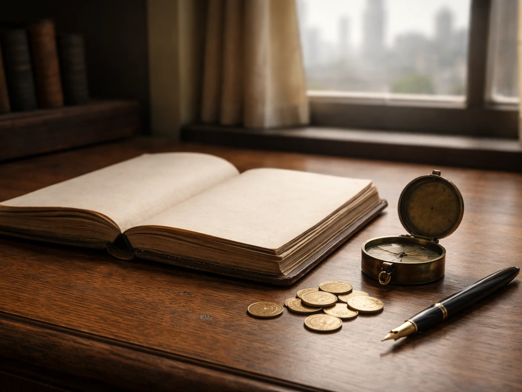 Vintage desk scene with oil-era ledger, brass compass, and coins suggesting shifting wealth estimates