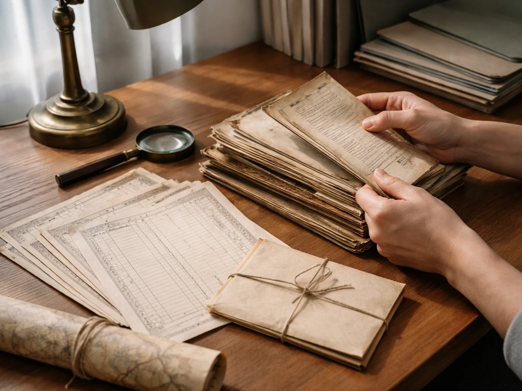 Minimal desk scene with papers, a share-stub facsimile, and a closed ledger suggesting evidence-based net worth research