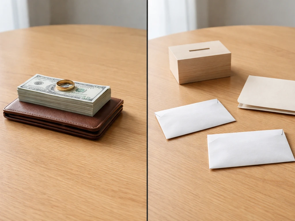 Split tabletop photo: cash and wallet on one side, separate envelopes and folder suggesting assets on the other.