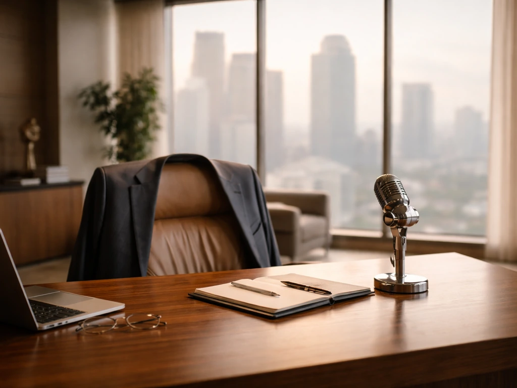 Minimal banking office scene with a suit jacket and desk microphone, hinting executive leadership.